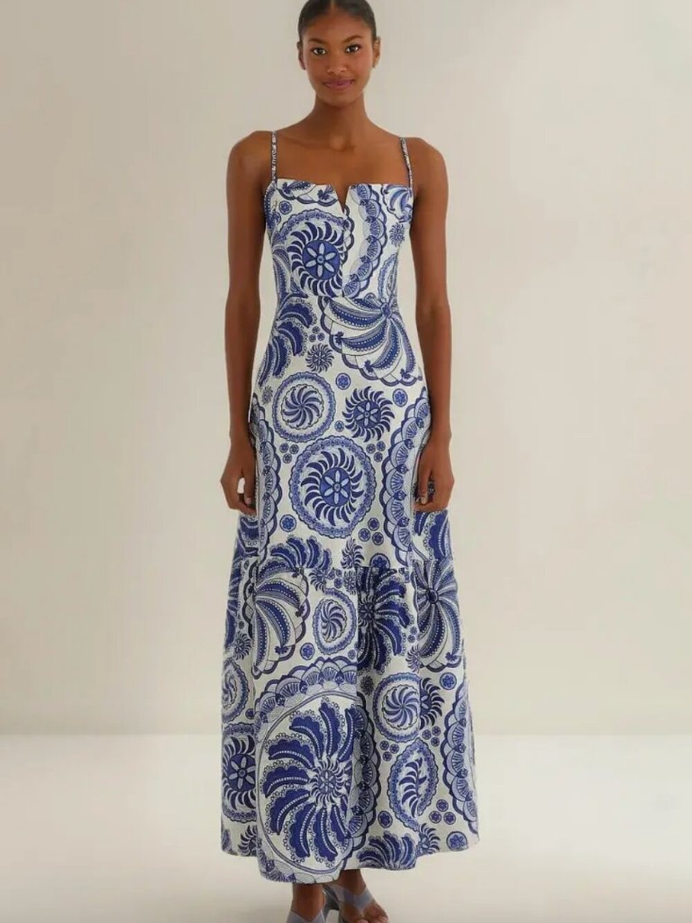 Farm Rio Blue Banana Cotton Maxi Dress Vestido Longo Delicadeza de Banana Azul